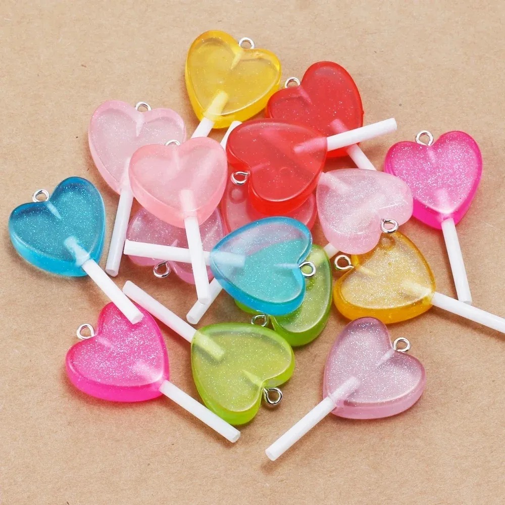 Resin Craft Material - 10 Stück Kawaii Glitzernde Herz-Lollipop-Harzanhänger, Glitzer-Bonbon-Anhänger,